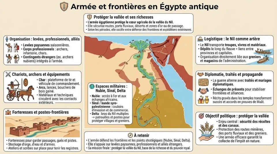 Carte stratĂ©gique de l'Ăgypte antique montrant les zones frontaliĂšres (Nubie, SinaĂŻ), le rĂ©seau de forteresses et l'organisation de l'armĂ©e Ă©gyptienne (chars, archers, infanterie).