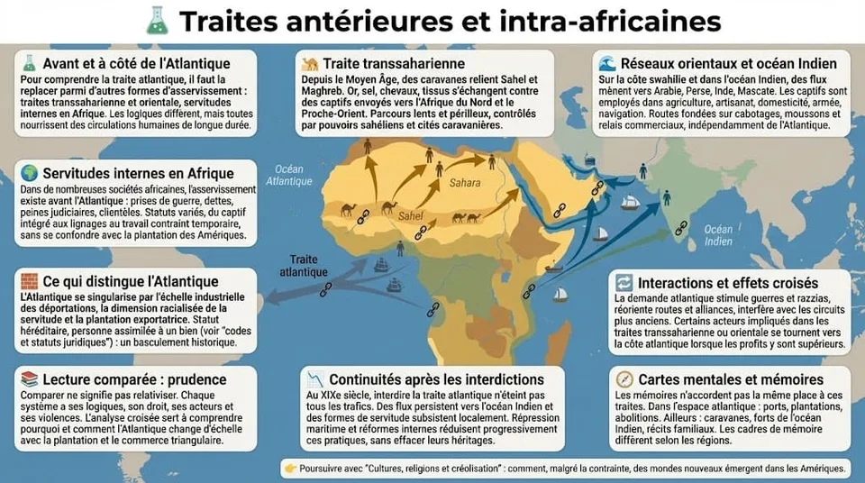 Infographie comparant les traites transsaharienne et orientale, les formes de servitude interne en Afrique et ce qui distingue la traite atlantique par son échelle et son caractère racialisé.