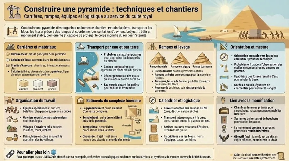 Infographie décrivant les principales étapes de construction d’une pyramide en Égypte antique, des carrières de calcaire et de granite au transport par le Nil, aux systèmes de rampes, à l’orientation précise et à l’organisation des équipes d’ouvriers et d’artisans.