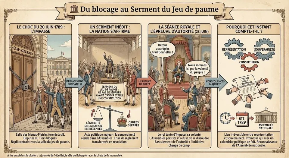 Récit visuel en quatre étapes des événements de juin 1789 : la fermeture de la salle des députés du Tiers, leur repli forcé vers la salle du Jeu de paume, le célÚbre serment du 20 juin, et l'épreuve de force face au roi lors de la séance royale du 23 juin.