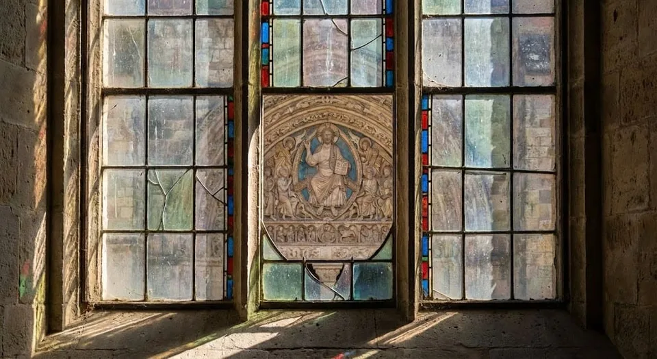 Photographie prise depuis l'intĂ©rieur de l'abbatiale de Moissac, montrant le cĂ©lĂšbre tympan sculptĂ© du Christ en gloire Ă travers les carreaux anciens et sales d'une fenĂȘtre Ă meneaux.