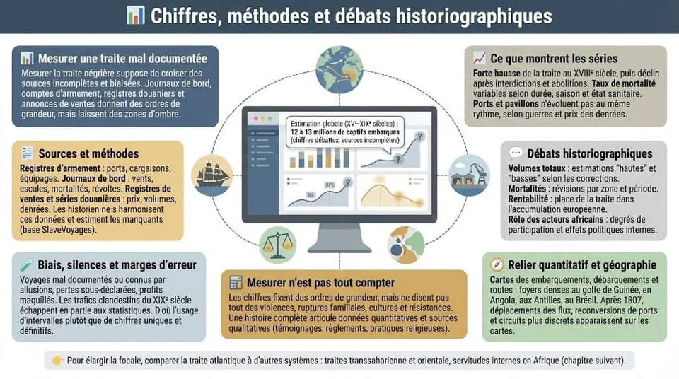 Infographie présentant les principales sources statistiques, les méthodes de reconstruction des flux de la traite négrière et les grands débats historiographiques sur volumes, mortalité et rentabilité.