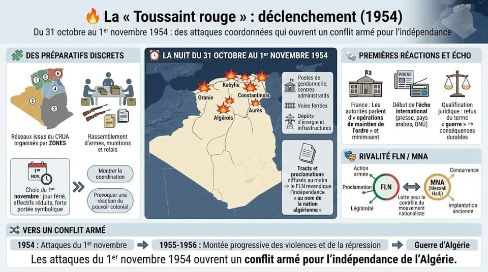 Infographie retraçant la nuit du 1er novembre 1954, les attentats coordonnés du FLN, leurs objectifs symboliques et les premiÚres réactions des autorités françaises.
