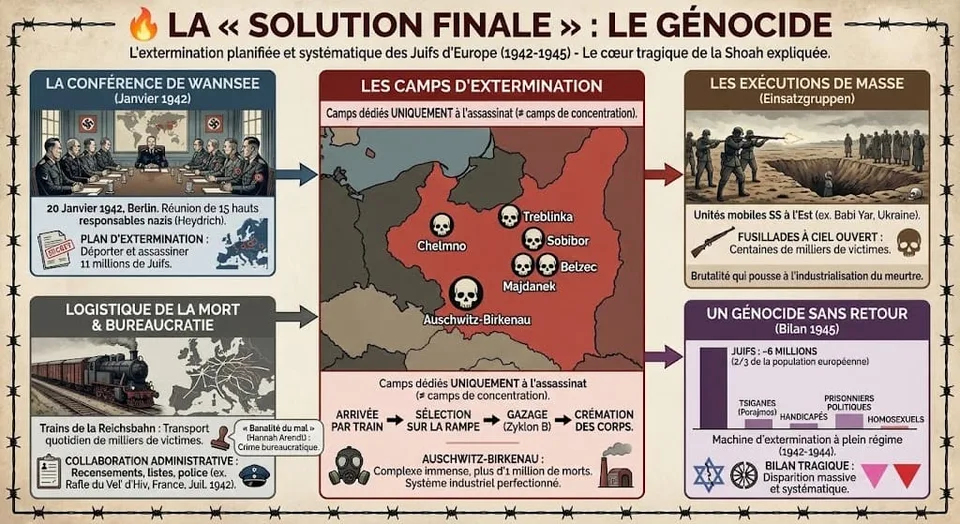 Infographie expliquant la logistique du génocide : conférence de Wannsee, rôle des transports ferroviaires, carte des camps d'extermination (Auschwitz, Treblinka, etc.) et massacres par les Einsatzgruppen.