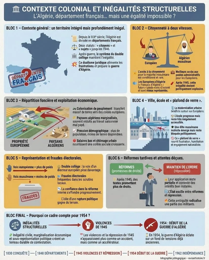 Infographie pĂ©dagogique expliquant le contexte colonial de lâAlgĂ©rie avant 1954, avec le systĂšme du double collĂšge, les inĂ©galitĂ©s de citoyennetĂ©, la rĂ©partition fonciĂšre et le « plafond de verre » urbain parmi les causes de la guerre dâAlgĂ©rie.