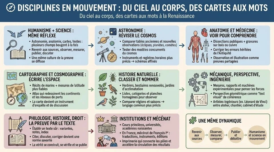 Infographie présentant l’évolution de plusieurs disciplines à la Renaissance — astronomie, anatomie, cartographie, histoire naturelle et philologie — sous l’effet des méthodes humanistes et scientifiques.