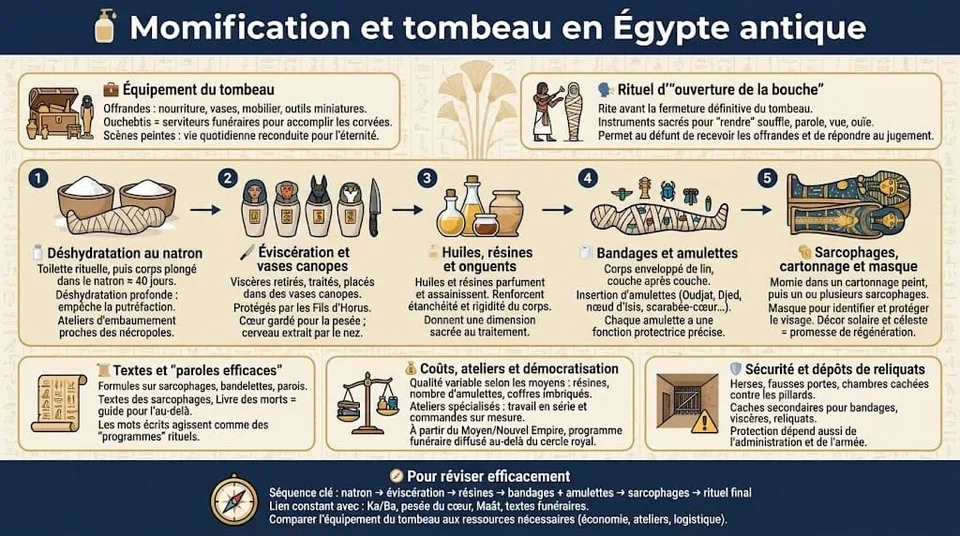 SchĂ©ma dĂ©taillant les Ă©tapes du processus de momification en Ăgypte antique (natron, bandelettes), les rituels associĂ©s (ouverture de la bouche) et le contenu d'un tombeau Ă©quipĂ© pour l'au-delĂ .