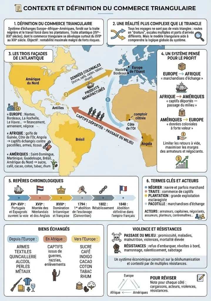 Infographie expliquant le contexte et la définition du commerce triangulaire, présentant le système d’échanges entre Europe, Afrique et Amériques, les trois trajets principaux des navires négriers et le rôle central de la traite esclavagiste dans ce commerce atlantique.