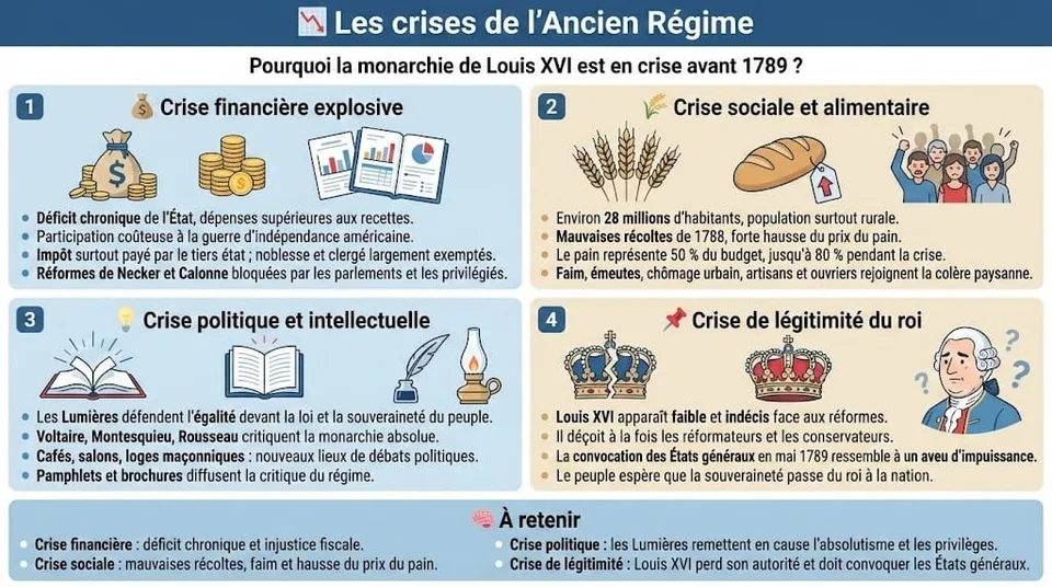 Infographie éducative style flat design expliquant les causes de la Révolution française. Elle détaille la crise financière explosive de l'État, la crise sociale et alimentaire (hausse du prix du pain), la crise politique avec l'influence des Lumières, et la crise de légitimité du roi Louis XVI, menant à la convocation des États généraux.