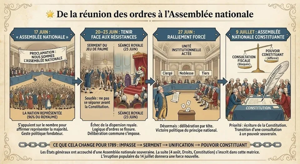 Frise chronologique illustrĂ©e montrant les Ă©tapes clĂ©s de la transformation des Ătats gĂ©nĂ©raux : l'auto-proclamation du Tiers en