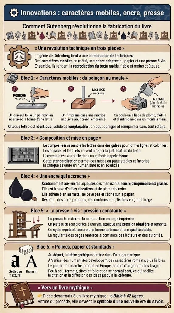 Infographie dĂ©taillant les innovations techniques de Gutenberg et de lâimprimerie, avec le procĂ©dĂ© des caractĂšres mobiles en mĂ©tal, lâencre grasse dâimprimerie, la presse Ă vis et la standardisation des mises en page.
