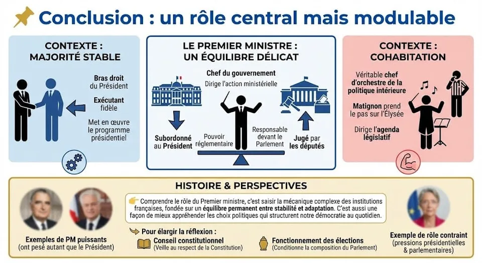 Schéma de conclusion résumant la place du Premier ministre dans les institutions : un équilibre délicat entre subordination au Président et responsabilité devant le Parlement, variant fortement selon le contexte politique (majorité stable ou cohabitation).