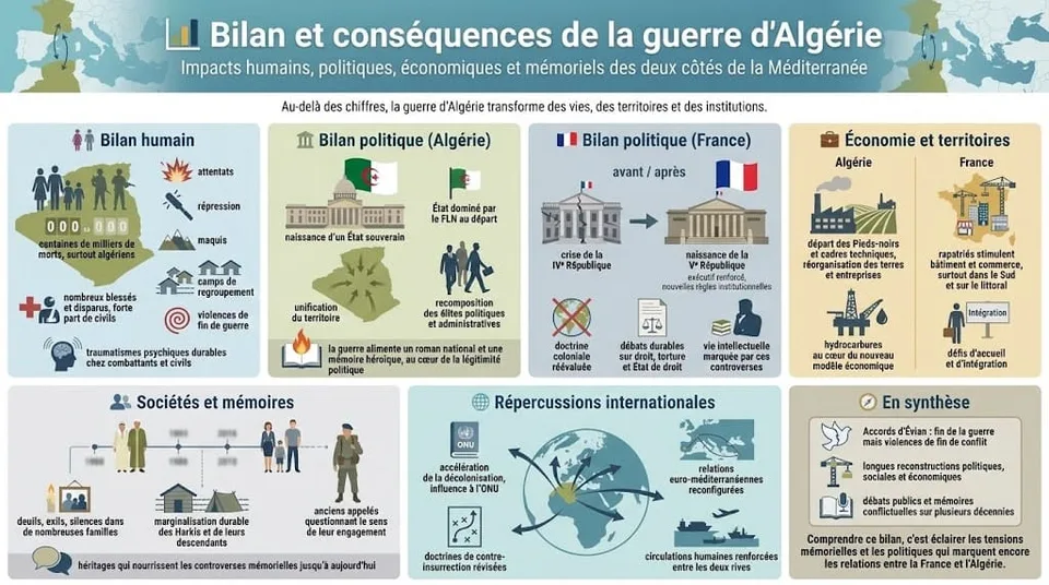 Infographie synthĂ©tisant le bilan humain, politique, Ă©conomique, social et international de la guerre dâAlgĂ©rie pour lâAlgĂ©rie et pour la France.