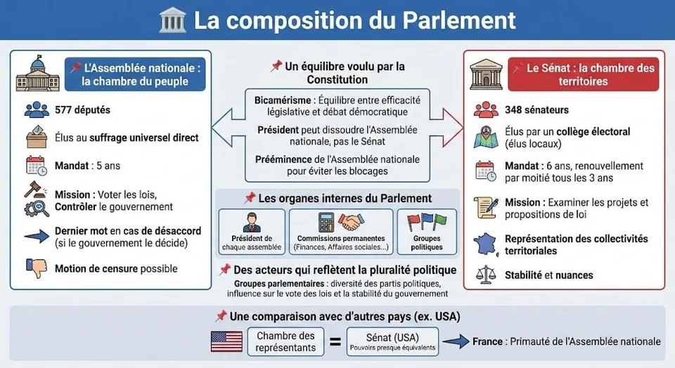 Schéma détaillant la composition du Parlement : l'Assemblée nationale (577 députés élus au suffrage direct) et le Sénat (348 sénateurs élus au suffrage indirect), illustrant l'équilibre entre représentation du peuple et des territoires.