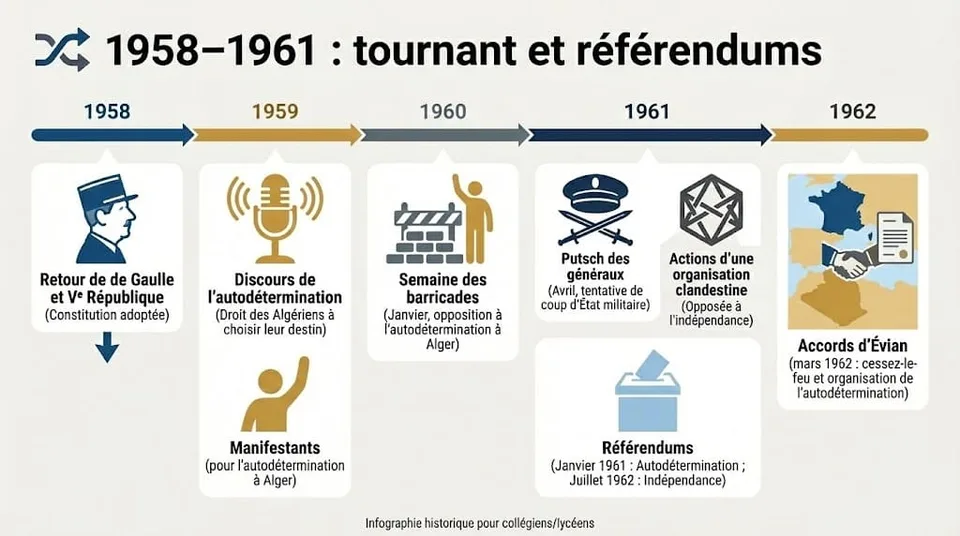 Infographie expliquant le retour de de Gaulle, le plan Challe, le discours de lâautodĂ©termination, la semaine des barricades, le putsch des gĂ©nĂ©raux, lâOAS et les rĂ©fĂ©rendums.
