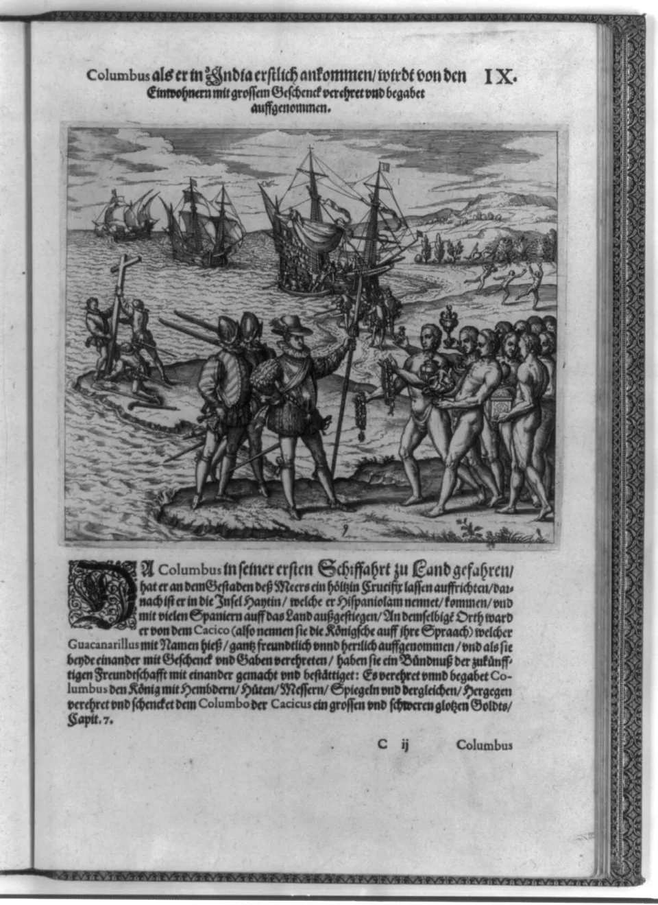 Gravure reprĂ©sentant lâarrivĂ©e de Christophe Colomb Ă Hispaniola et son accueil par les Arawaks