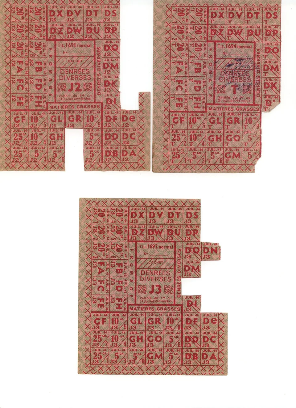 Tickets de rationnement français J2 J3 denrées diverses en 1944