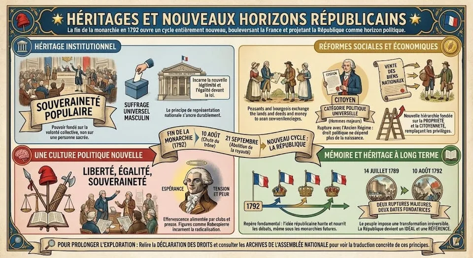 Infographie de synthèse sur l'héritage de la Révolution après la chute du roi : établissement de la souveraineté populaire et du suffrage universel, réformes sociales (vente des biens nationaux, citoyenneté), nouvelle culture politique (Liberté, Égalité) et mémoire de la rupture.