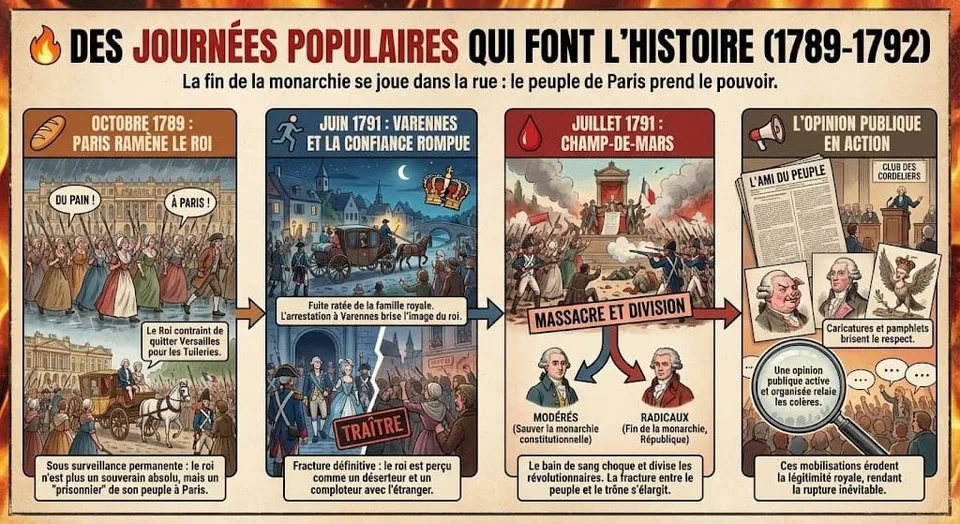 Infographie illustrant les grandes journées insurrectionnelles entre 1789 et 1792 : la marche des femmes sur Versailles pour ramener le roi à Paris, l'arrestation du roi à Varennes, la fusillade du Champ-de-Mars et le rôle croissant de l'opinion publique.