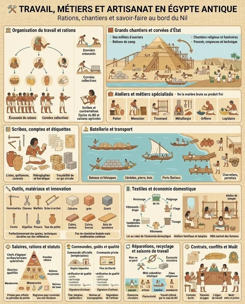 Infographie montrant l’organisation du travail en Égypte antique : chantiers monumentaux, ateliers d’artisans, batellerie sur le Nil, scribes tenant les comptes, outils et matériaux utilisés.