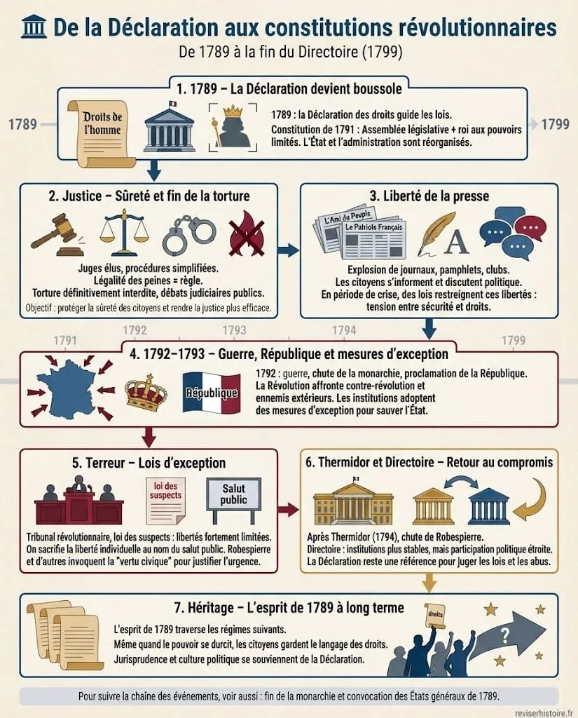 Infographie retraçant le rĂŽle de la DĂ©claration des droits de lâhomme et du citoyen dans les constitutions rĂ©volutionnaires, de 1791 Ă la Terreur et au Directoire, entre Ă©largissement des droits et lois dâexception.