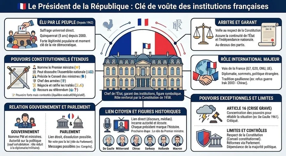 Infographie dĂ©taillant le rĂŽle du PrĂ©sident français. Au centre, le Palais de l'ĂlysĂ©e. Autour, des icĂŽnes illustrent ses fonctions clĂ©s : Ă©lection au suffrage universel, chef des armĂ©es, pouvoir de dissolution, et garant de la Constitution.