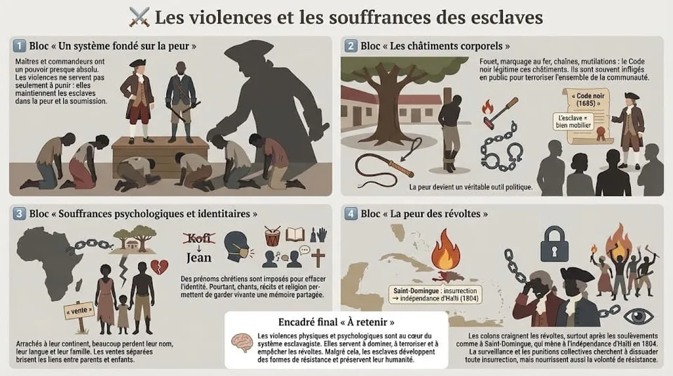 Infographie sur les violences subies par les esclaves : châtiments corporels liés au Code noir, terreur publique, souffrances psychologiques liées à la perte d’identité, à la séparation des familles et à la peur des révoltes.