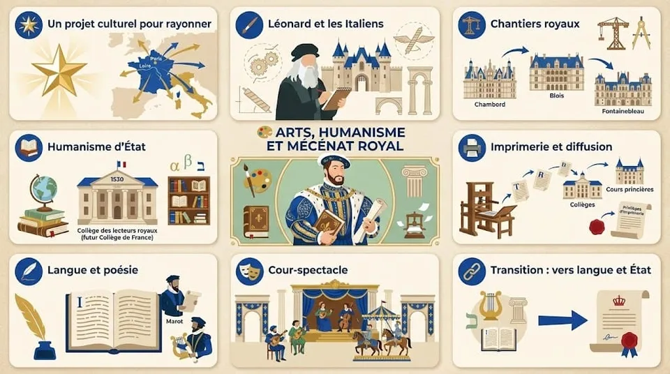 Infographie montrant comment François Ier développe un mécénat royal en accueillant Léonard de Vinci, en transformant Chambord, Blois et Fontainebleau, et en faisant de la cour un centre majeur de la Renaissance humaniste.