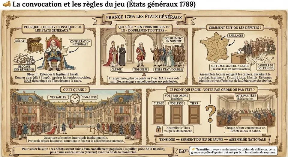 SchĂ©ma explicatif sur les Ătats gĂ©nĂ©raux de 1789 : les objectifs de Louis XVI face au dĂ©ficit, la composition des trois ordres et le