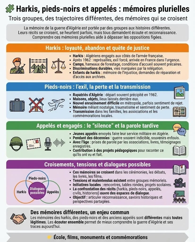 Infographie présentant les trajectoires mémorielles des harkis, des pieds-noirs et des anciens appelés, entre exil, camps, silences, traumatismes et demandes de reconnaissance.