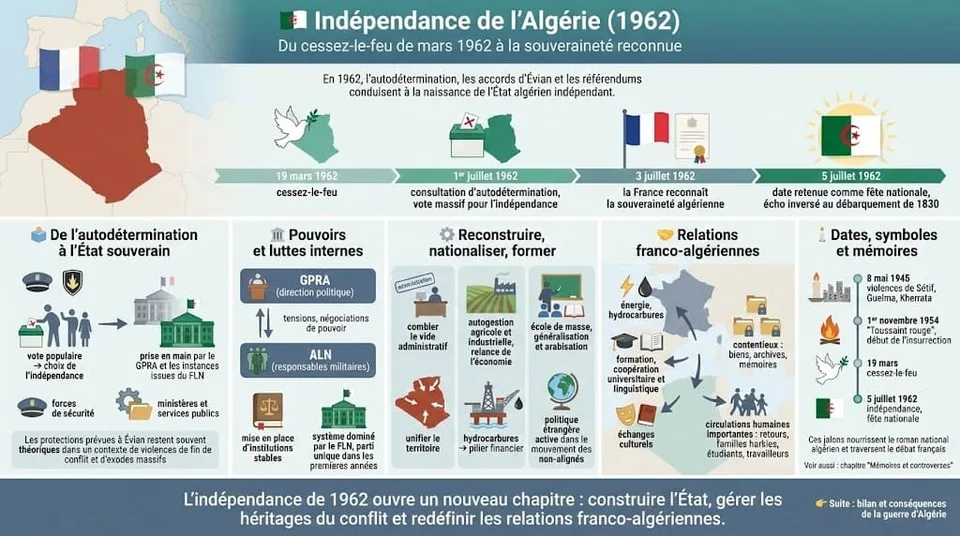 Infographie retraçant la chronologie de 1962, du cessez-le-feu aux rĂ©fĂ©rendums, la naissance de lâĂtat algĂ©rien, la construction des institutions et les relations franco-algĂ©riennes.