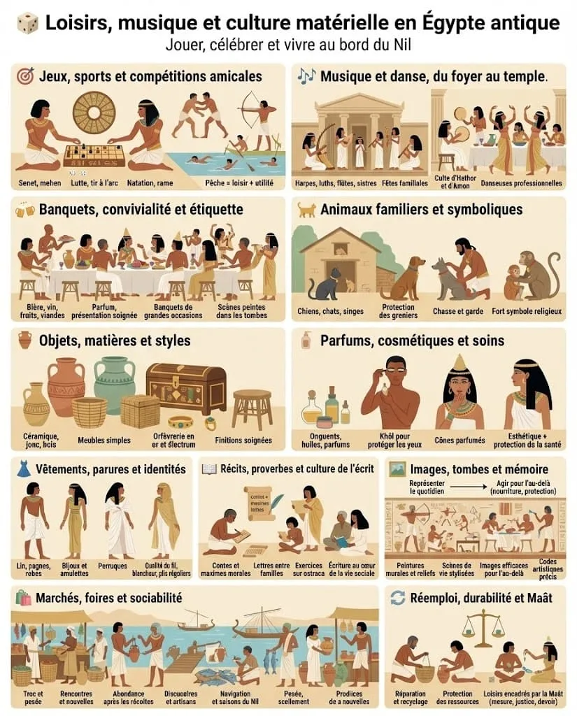 Infographie illustrant jeux de plateau, sports, musique et danse, banquets, animaux familiers, objets du quotidien, vêtements, bijoux et récits écrits dans l’Égypte antique.