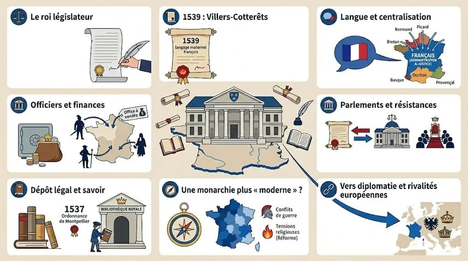 Infographie expliquant le renforcement de l’État sous François Ier, le rôle de la chancellerie, les officiers et l’ordonnance de Villers-Cotterêts qui impose le français dans les actes de justice et d’administration.