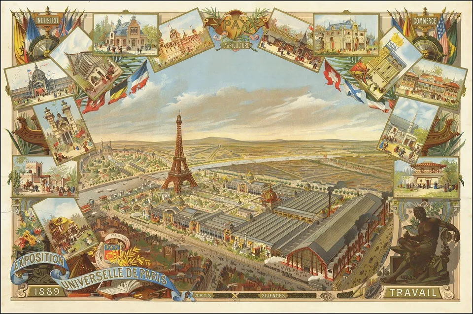 Révolution industrielle : affiche/plan de l’Exposition universelle de Paris 1889 avec la tour Eiffel