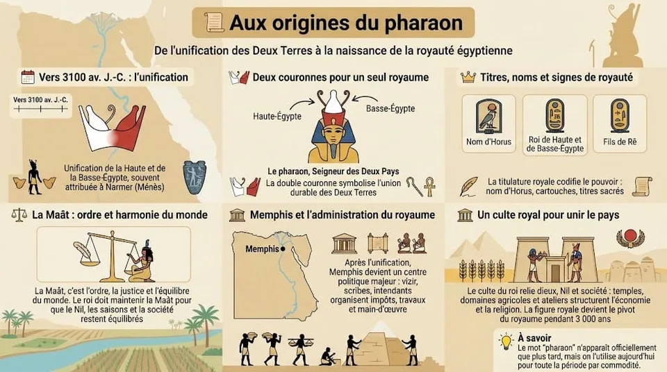 Infographie expliquant la naissance de l’institution pharaonique vers 3100 av. J.-C., l’unification de la Haute et de la Basse-Égypte autour de Narmer/Ménès, la double couronne et le rôle de la Maât dans la royauté égyptienne.
