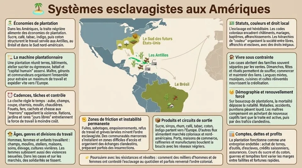 Infographie présentant les systèmes esclavagistes des plantations sucrières, caféières et cotonnières aux Antilles, au Brésil et dans le Sud des futurs États-Unis.