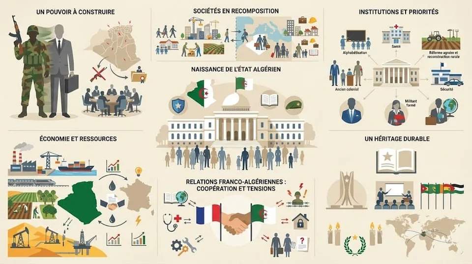 Infographie prĂ©sentant la construction des institutions de lâĂtat algĂ©rien aprĂšs 1962, les premiĂšres prioritĂ©s politiques et Ă©conomiques et lâĂ©volution des relations de coopĂ©ration et de tensions avec la France.