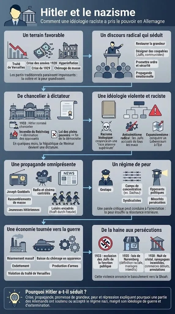 Schéma expliquant l’arrivée d’Hitler au pouvoir, l’idéologie raciste du nazisme, l’antisémitisme d’État et l’embrigadement de la société allemande.