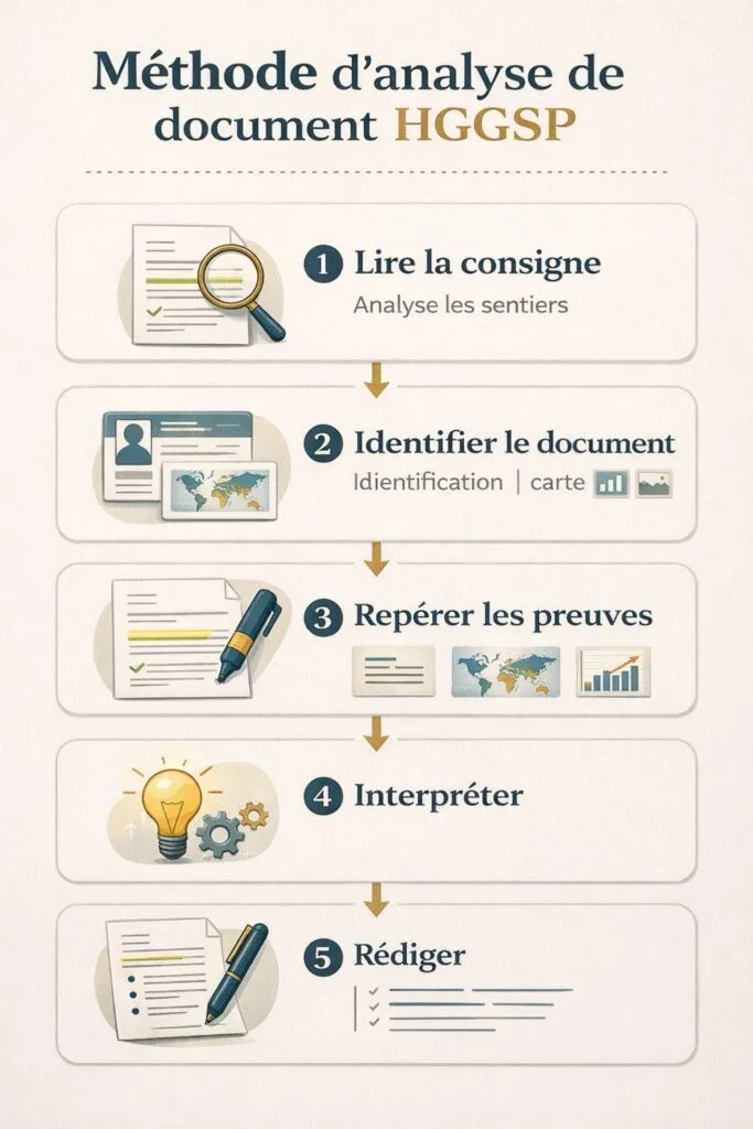Infographie sur la méthode d’analyse de document HGGSP en 5 étapes : lire la consigne, identifier, repérer, interpréter, rédiger