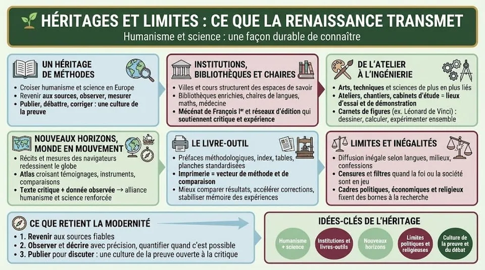 Infographie récapitulative présentant les principaux héritages de la Renaissance — institutions, livres-outils, nouveaux horizons — ainsi que les limites liées à la censure, aux inégalités et aux cadres religieux.