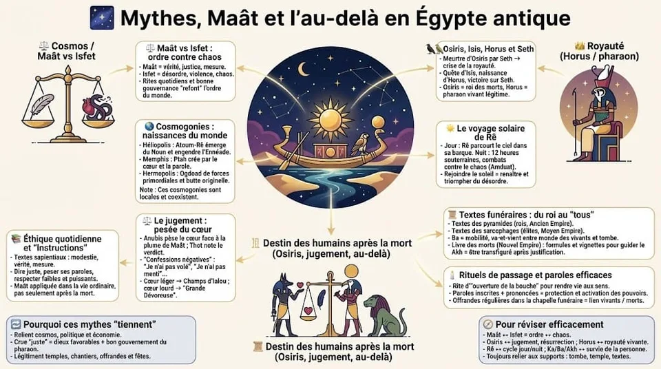 Illustration des concepts clĂ©s de la mythologie Ă©gyptienne : la barque solaire de RĂȘ, le mythe d'Osiris, le concept de MaĂąt contre le chaos (Isfet), et la scĂšne du jugement de l'Ăąme (pesĂ©e du cĆur).
