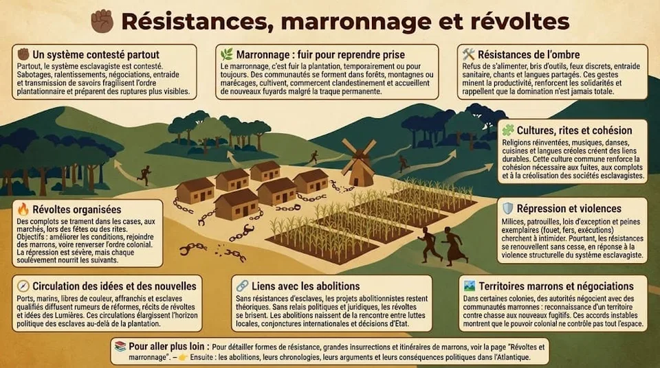 Infographie montrant les formes de résistance des esclaves, du marronnage aux révoltes organisées, ainsi que les négociations et les compromis imposés aux sociétés esclavagistes.