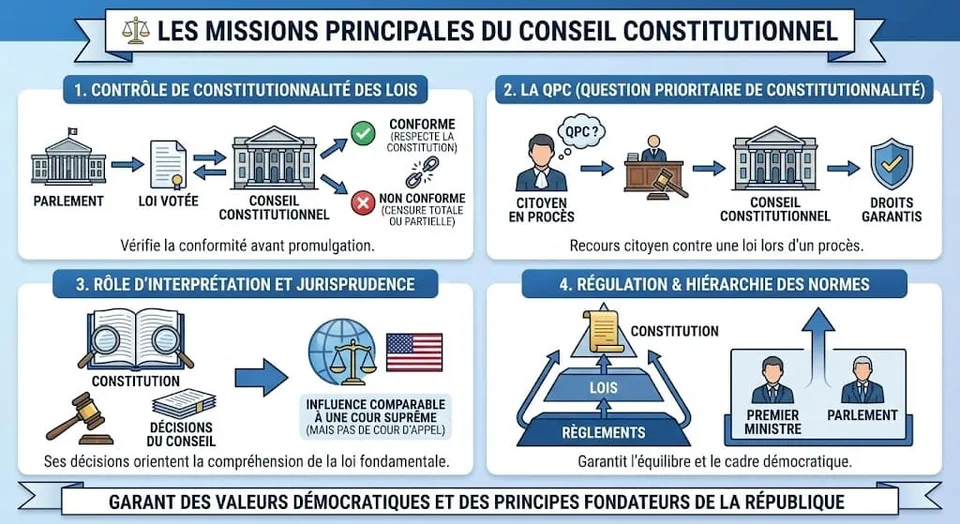 Infographie détaillant la nomination des neuf membres nommés (les sages), la durée de leur mandat, le système de renouvellement et le fonctionnement interne du Conseil.