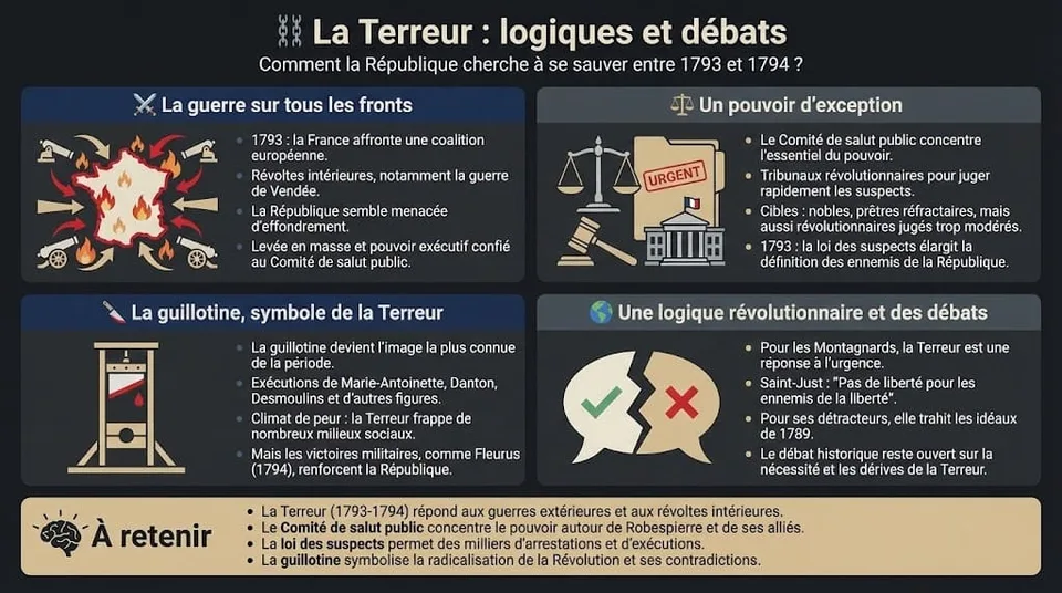 Infographie au style sombre expliquant la Terreur. Elle présente le contexte d'urgence (guerre civile et extérieure), la concentration des pouvoirs (Comité de salut public, loi des suspects), la guillotine comme symbole, et les débats historiques sur la nécessité de cette violence révolutionnaire.