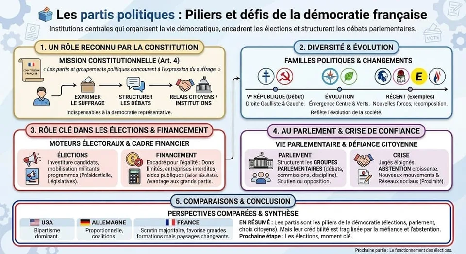 Infographie sur le rÎle des partis politiques en France. Elle montre leur fonction dans l'expression du suffrage (article 4 de la Constitution), le financement de la vie politique, leur diversité sur l'échiquier politique et leur rÎle au Parlement.