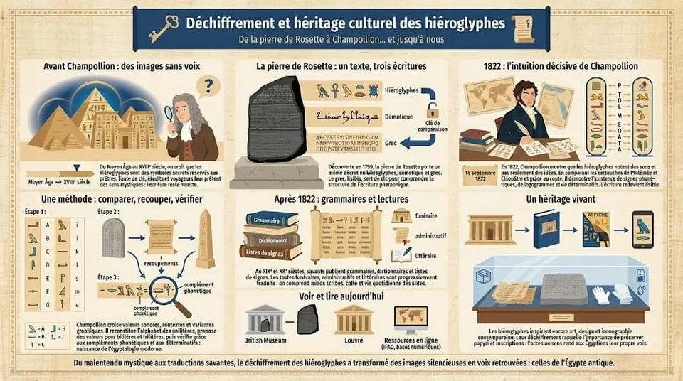 Infographie retraçant l’histoire du déchiffrement des hiéroglyphes, de la pierre de Rosette à Champollion en 1822, puis le développement de l’égyptologie et l’influence culturelle des hiéroglyphes jusqu’à aujourd’hui.