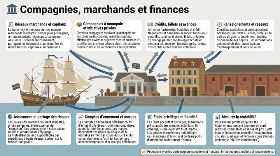 Infographie expliquant le rôle des compagnies à monopole, armateurs privés, négociants, banquiers et assureurs dans le financement et l’organisation de la traite négrière atlantique.
