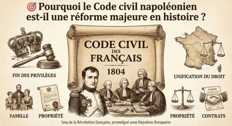 Infographie historique illustrant le Code civil des Français de 1804. Napoléon Bonaparte est représenté au centre entouré de juristes rédigeant le texte. Des vignettes latérales montrent les changements apportés : une couronne brisée pour la 