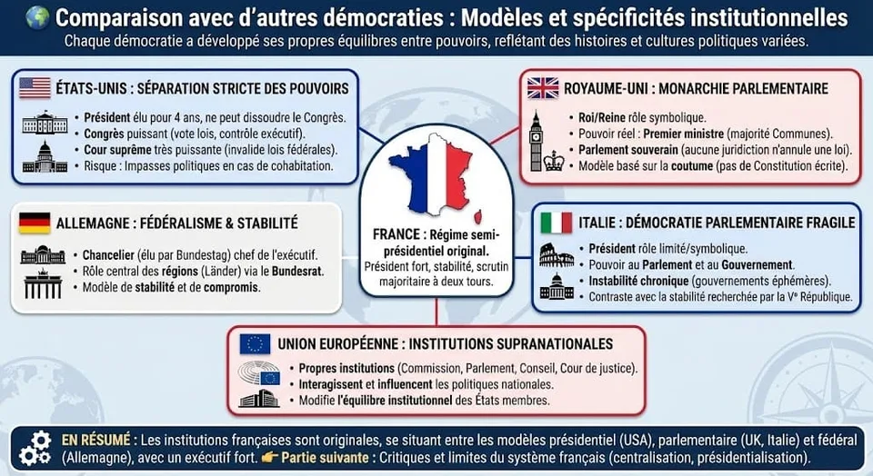 Infographie comparant le systÚme politique français avec d'autres démocraties. Elle met en parallÚle la France (régime semi-présidentiel), les USA (régime présidentiel), le Royaume-Uni (monarchie parlementaire) et l'Allemagne (régime parlementaire fédéral).
