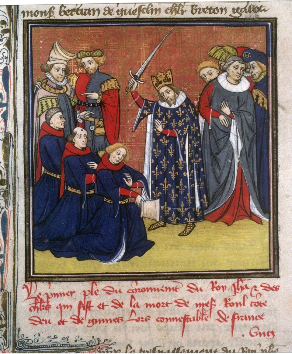Cérémonie d’adoubement médiévale, un seigneur armant un chevalier devant témoins
